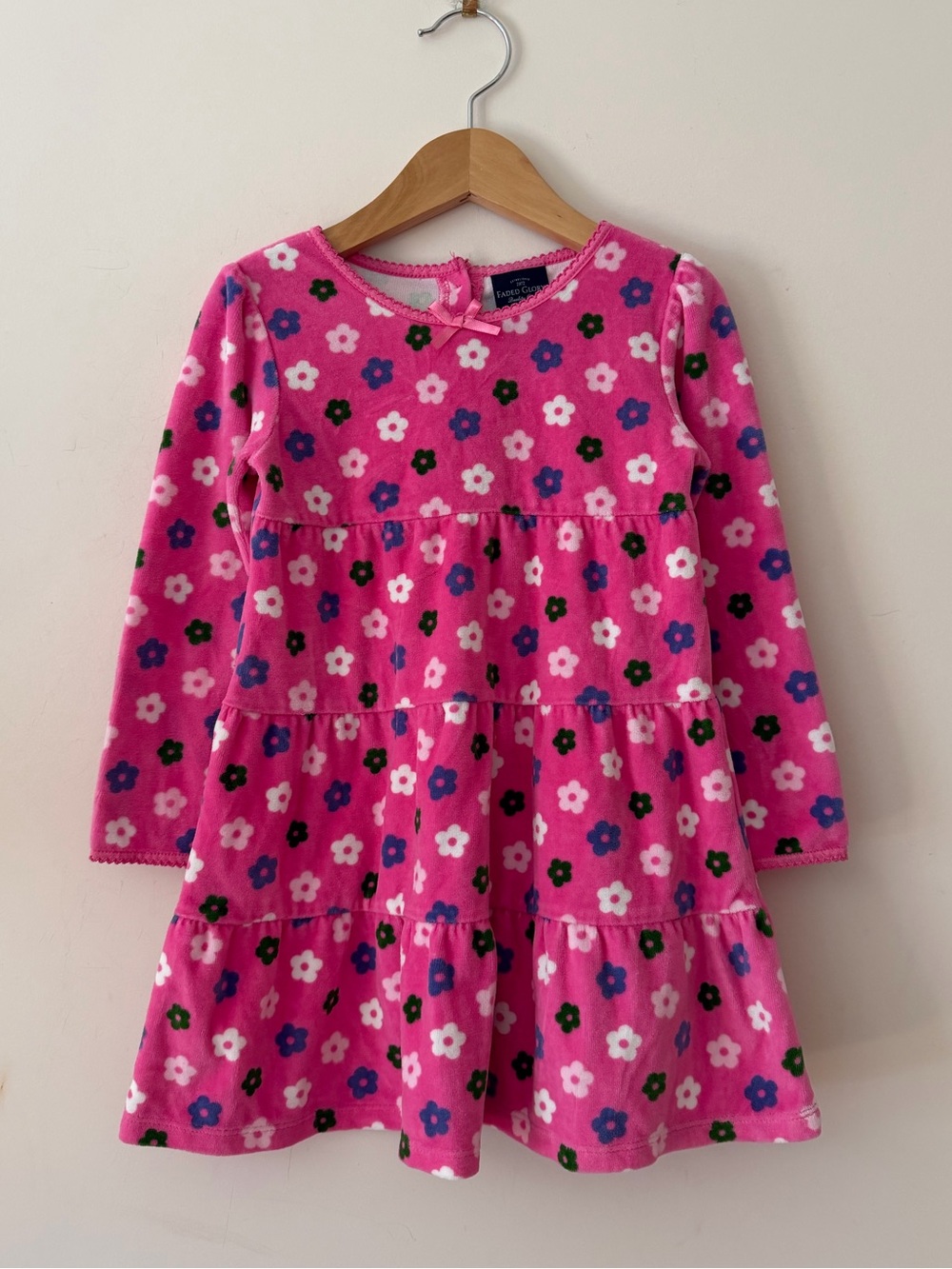 VINTAGE Y2K EUC/LN Bubblegum Pink Floral Velour Tiered Long Sleeve Dress